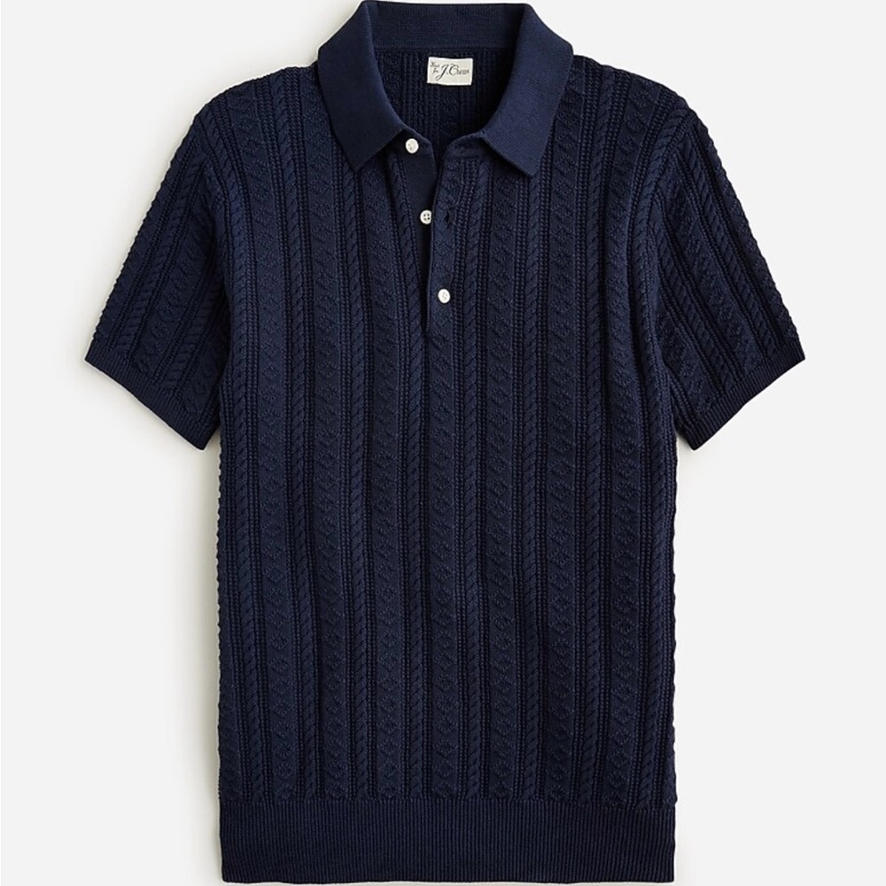 J. Crew Navy Cotton Guernsey-Stitch Polo Sweater Chunky Knit Lg